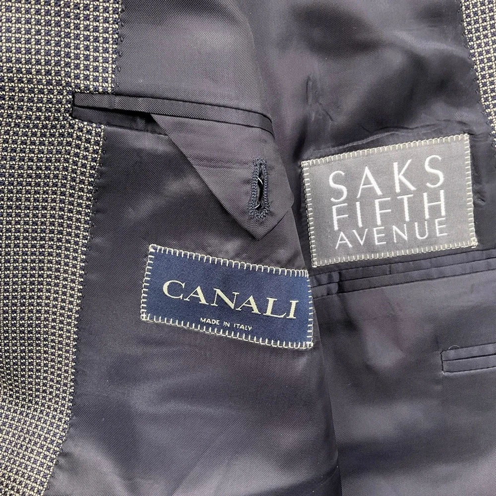Canali Saks Fifth Avenue Blazer Mens 44L Black Beige Micro Square Silk Wool Coat